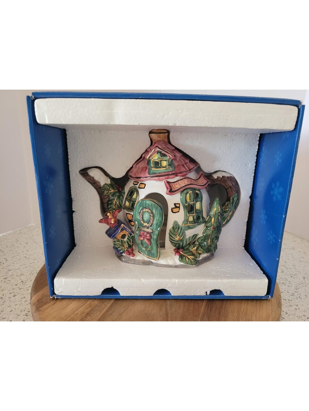 Vtg Christmas House Teapot Candle Holder Multicolor Ceramic Holiday Decor Kmart